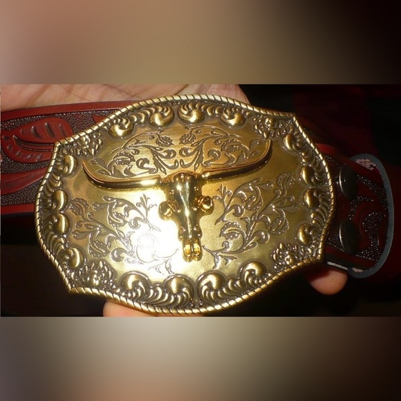 Western cowgirl/ cowboy longhorn buckle leather embossed belt womens or …